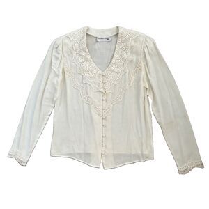VTG 80s Courtney Rhodes Lace Rouleau Button Up Blouse Womens Sz S Ivory FLAW
